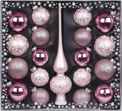 A set of pink and white Christmas ornaments and a tree topper in a box.
