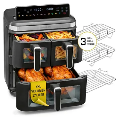Produktbild von GOURMETmaxx Heißluft-Fritteuse 3000W schwarz/ Edelst. 17l 3 Kammern inkl. Grillrost & Sichtfenst