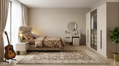Productafbeelding van Beige slaapkamer set: textielbed, houten commode, 2 nachtkastjes