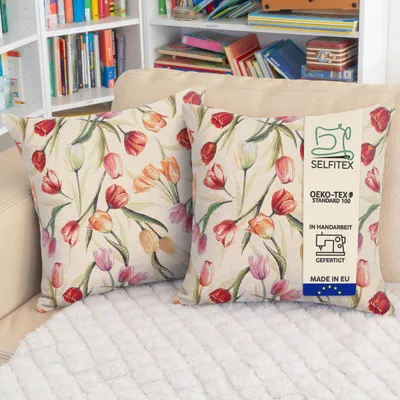 Produktbild von Selfitex 2er Set Bunte Couchkissen 50x50 cm, Sofakissen mit Füllung und Bezug, kuschelweiches Lesekissen, dekoratives Fernsehkissen, Deko- und Kopfkissen, Rückenkissen, Muster: Tulips