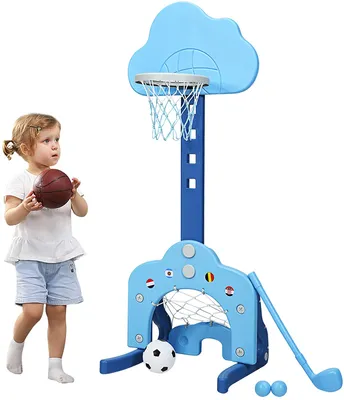 Produktbild von GOPLUS 3-in-1 Kinder Spielplatz, Basketballkorb & Fußballtor & Golfspiel, Höhenverstellbarer Basketballständer, inkl. Basketball, Fußball & Golfball, Junge (Wolke, blau)