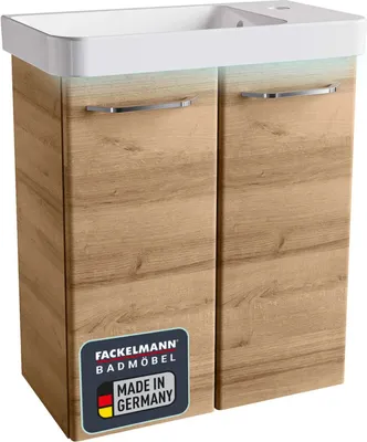 Produktbild von FACKELMANN MILANO Badmöbel Set 3 Teile / Waschbecken / Waschbeckenunterschrank mit 2 Türen / LED-Beleuchtung / Badschrank mit Soft-Close / Gäste WC Set / Korpus & Front: Braun hell / Breite: 55 cm