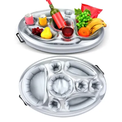 An inflatable tray filled with drinks and fruit, floating in water.