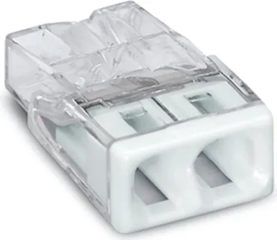 Immagine prodotto di Morsetto per scatola di derivazione Wago COMPACT a 2 poli max. 2,5 mm², trasparente/bianco, confezione da 100 pezzi.