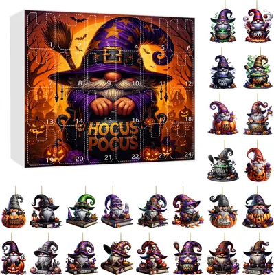 Produktbild von Halloween-Gnom-Adventskalender 2025, 2D-Acryl-Hängeornamente, 24-Tage-Countdown-Kalender für die Weihnachtsdekoration