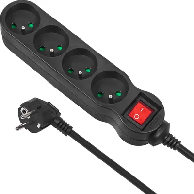 A black power strip with four outlets and a red on/off switch, along with its black plug and cord, is shown against a white background.