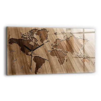 Produktbild von Wallfluent Wanduhr – Stilles Quarzuhrwerk - Uhr Dekoration Wohnzimmer Schlafzimmer Küche - Zifferblatt mit Strichen - schwarze Zeiger - 60x30 cm - Weltkarte auf Holz