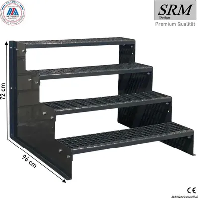Zdjęcie produktu dla 4-stopniowe schody model 2 całkowicie antracytowe stalowe stopnie wysokość 18 cm, szerokość 80 cm, wysokość 72 cm bez poręczy