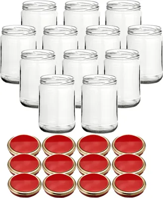 Immagine prodotto di set di 12 barattoli da conserva 580 ml classic con coperchio a vite rosso-oro - barattoli da conserva rotondi con tappo a vite TO82 - barattoli per marmellata, barattoli per conserve
