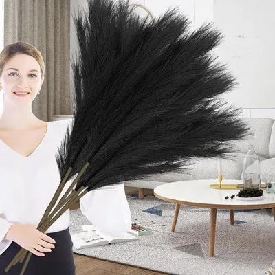 Produktbild von 110 cm Pampasgras, künstliche Pflanze, 6 Stück, flauschiges, künstliches Pampasgras für Vasen auf dem Boden, geeignet für Hochzeiten, Wohnzimmer, Schlafzimmer, Boho-Dekoration, schwarz