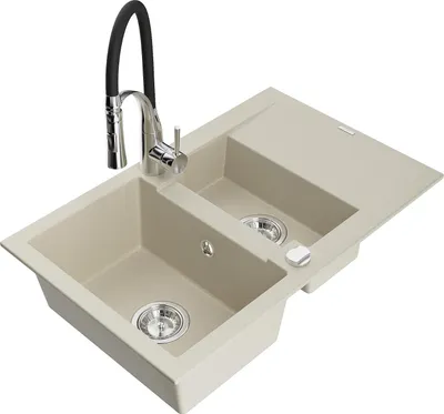 Image de Mexen Gaspar évier en granit 1,5 bac avec égouttoir et mitigeur Aster, Beige - 6507-69-73450-07