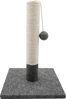 Immagine prodotto di Graffiatoio per gatti 42 cm - Juta e tessuto resistente - Graffiatoio a pompon - Grigio e bianco - Base stabile di 30 x 30 cm