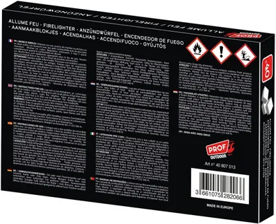 The back of a product box for firelighters, showing multiple languages of instructions and safety warnings.