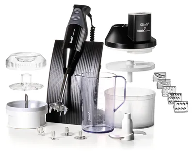 A Bamix immersion blender and its various attachments are displayed against a white background.