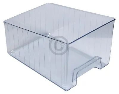 A clear plastic drawer for a refrigerator.