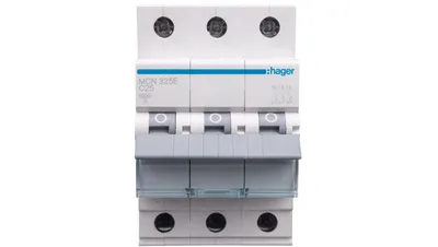 A front view of a three-pole circuit breaker.