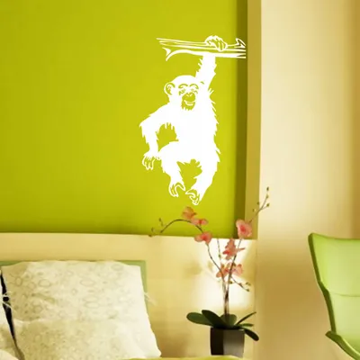 Produktbild von Wandtattoo - Wandaufkleber - Wandtattoo "Schimpanse" - 80cm x 49cm Weiß - Dekoration Küche Wohnzimmer Wand