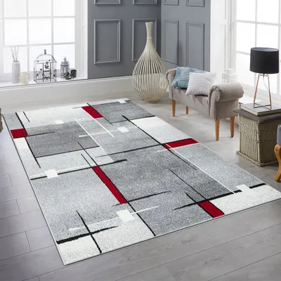 Produktbild von Moderner Teppich mit geometrischem Design in Grau, Weiß und Rot – Wohnzimmerteppich Größe - 160 x 220 cm