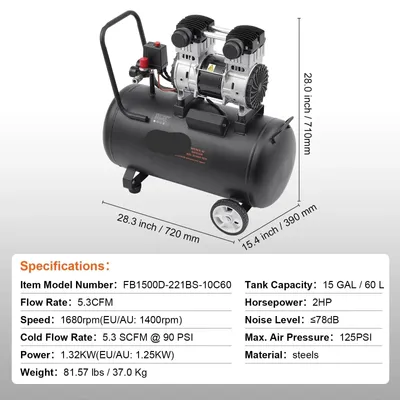 Immagine prodotto di Compressore d'aria silenzioso - Compressore - Compressore d'aria - Pompa per pneumatici - Compressore elettrico - 1,32 kW - 78 dB