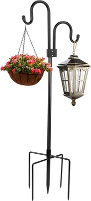 Image de Bâton de berger 234 cm avec double crochet et base à 5 dents - idéal pour les distributeurs de graines pour oiseaux, les paniers de plantes et les lanternes dans le jardin