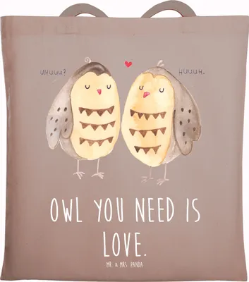 Produktbild von Mr. & Mrs. Panda Tote Bag Eulen Liebe - Braun Pastell - Geschenk, Owl, Baumwolltasche, Einkaufstasche, glücklich, Hochzeitsspruch, festivaltasche, Tasche, Unitasche, Eule