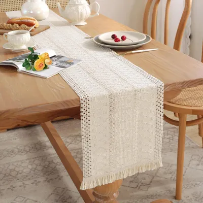 Imagen del producto de Mantel individual bohemio con flecos, de 180 x 30 cm, en color blanco