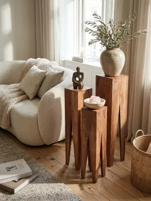 Satztische Akazie Massivholz natur 25x25x100 cm kombiniert mit passenden Möbeln Wohnzimmer Einrichtungsidee Möbelensemble mit Ablagefach harmonisch Wohnen Interior Zuhause Design modern_#sku_SAFWL1.565#
