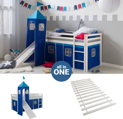 Produktbild von Homestyle4u Hochbett 90x200 mit Rutsche Turm Lattenrost Vorhang blau Kinderbett Weiß Holz Kiefer Massiv Jugendbett