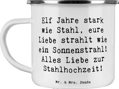 Produktbild von Mr. & Mrs. Panda Teetasse Spruch 11. Hochzeitstag Stahlhochzeit - Weiß - Geschenk, Emaille Becher, Tasse, Pott, Heirat, Jubiläum, Beständigkeit, Zusammenhalt, Heiraten