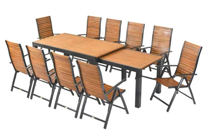 Produktbild von Merxx Gartenmöbel Set Santorin 11tlg., 10 Klappsessel, Flex Ausziehtisch 180/180 x 100/83 cm - Aluminium/Akazie