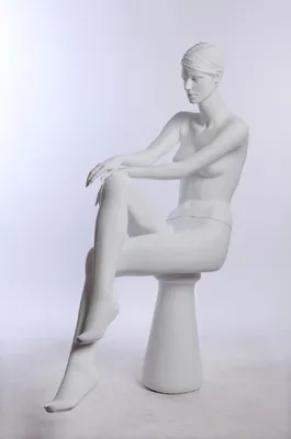 Image de Résumé : teint blanc mat, en position assise, mannequin de vitrine EH16-6, coiffure redessinée, visage chic et moderne