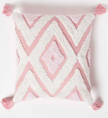 Produktbild von HOMESCAPES Rosa Tufted Kissen 45 x 45 cm - Boho Kissen mit Quasten, geometrisch