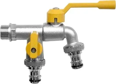 Produktbild von VHV Messing-Absperrhahn für den Außenbereich – 3/4 Zoll – Gelb – frostbeständig – rostbeständig – für Bewässerungsanlagen – Garten – Kugelventil – 2 Ausgänge