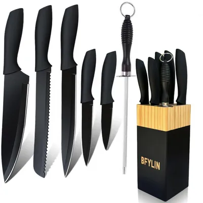 Image de Ensemble de couteaux de cuisine 7 pièces avec bloc en bois, revêtement antiadhésif, couteau de chef, couteau à pain, couteau à éplucher, et aiguiseur