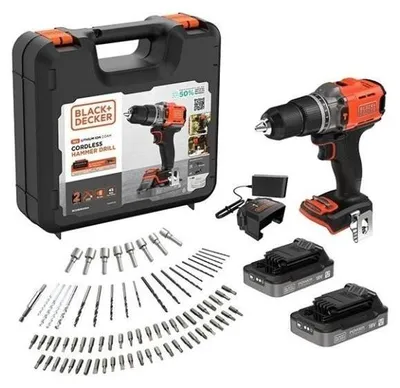 Immagine prodotto di Trapano a percussione cordless BLACK+DECKER - BCD383D2XKA-QW - 18V - 2 batterie da 2.0Ah - Valigetta con 80 pezzi