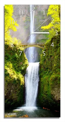Produktbild von Wallario Design Wanduhr Brücke über dem Wasserfall aus Echtglas, Größe 30 x 60 cm