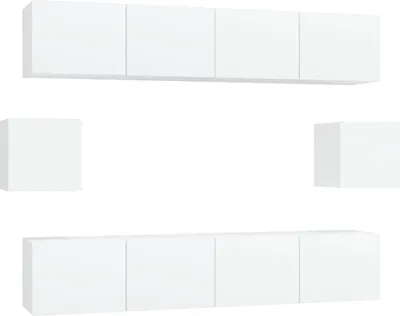 A set of white modular cabinets arranged in a configuration that could be used as a TV stand or wall storage.