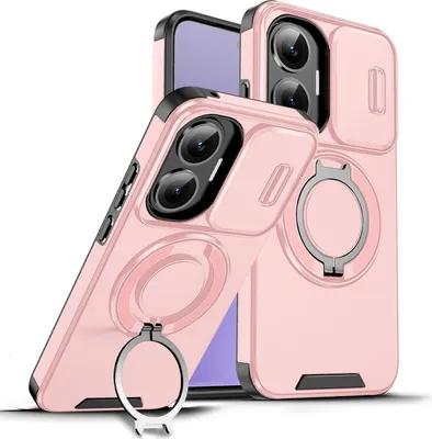 Image de Étui double couche pour Xiaomi Poco F7/Redmi Turbo 4 Pro, couvercle coulissant pour appareil photo et support magnétique en forme d'anneau Rose