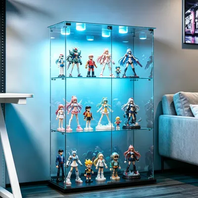 Productafbeelding van INONEFT Glazen vitrine met LED-verlichting, 2 deuren en 3 niveaus, vrijstaande vitrinekast, vitrine voor verzamelingen en wijn, zwart