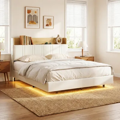 Obrázok produktu pre INONEFT, závesná posteľ, 140 x 200 cm, čalúnená posteľ s LED osvetlením a USB portami, dvojlôžko s roštom, čalúnená hlavica s úložným priestorom, materiál: PU, farba: biela, bez matraca, productTiles.product.images.aiGenerated