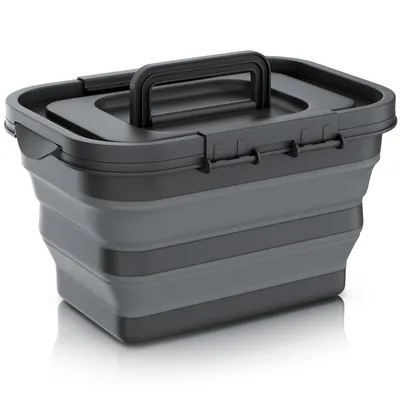 Productafbeelding van Bearware inklapbare picknickmand met deksel, 8 l, inklapbare mand van waterdicht siliconen, in te klappen van 19,5 naar 6 cm, verstelbare handgreep, geschikt voor camping en auto, zwart/grijs