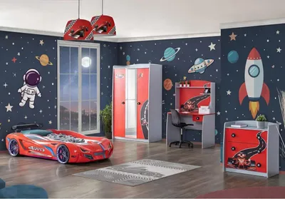 Produktbild von Kinderzimmer Set mit Bett im Rennwagen Design und Schreibtisch