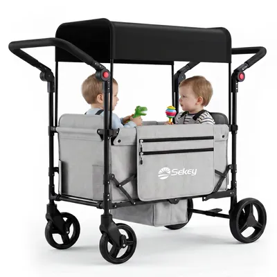 Produktbild von Sekey Bollerwagen Faltbar mit Dach, 1-2 Kinder Bollerwagen mit XXL-Rädern (24/20 cm), Sitzen oder Liegen, mit 5-Punkt-Gurtsystem, Grau