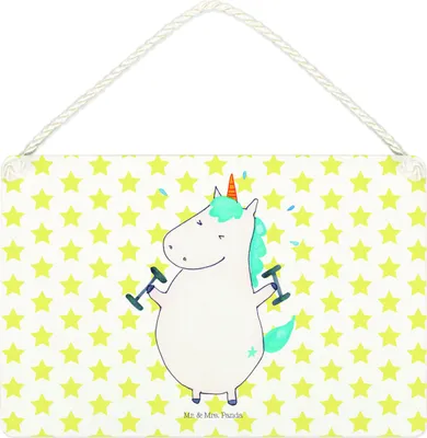 Produktbild von Mr. & Mrs. Panda Schild Einhorn Fitness DIN A4 - Weiß - Geschenk, Wandbild Holz, Unicorn, Türschild, Fitnessstudio, wandtafel, holzbild, Gym, Holzschild, Abnehmen