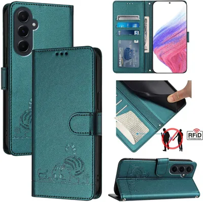 Produktbild von Leder Hülle für Samsung Galaxy A55 5G Süße Katze Flip Case Brieftasche Schutzhülle mit Standfunktion Grün