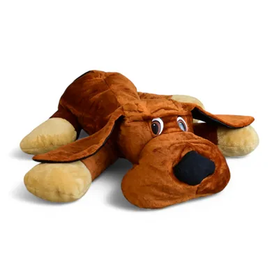 A plush toy dog lying down on a white background.