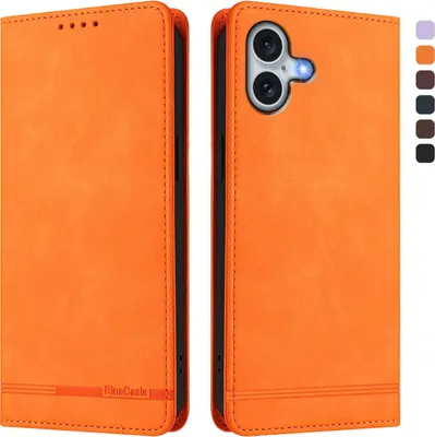 Image de Etui pour iPhone 16 Plus, étui rétro en cuirPolyuréthaneavec support et fentes pour cartes Orange