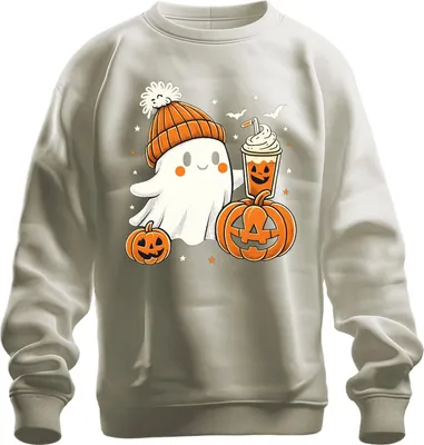Productafbeelding van Schattig spook met pompoenlatte, Halloween-pompoenmuts, leuk, uni sweatshirt, trui, natuur, XXL