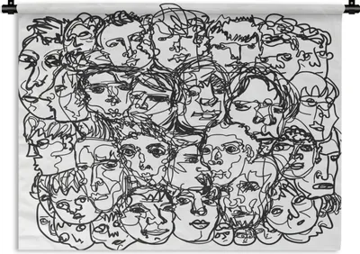 Produktbild von MuchoWow® Wandteppich Wandbehang Eine abstrakte schwarz-weiße Illustration von Gesichtern 150x112 cm Tapisserie Dekoration Wandtuch - Wanddecke - Wandteppiche