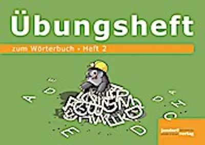 A cartoon mole wearing a hard hat sits on a pile of letters, with other letters scattered around on a green background.